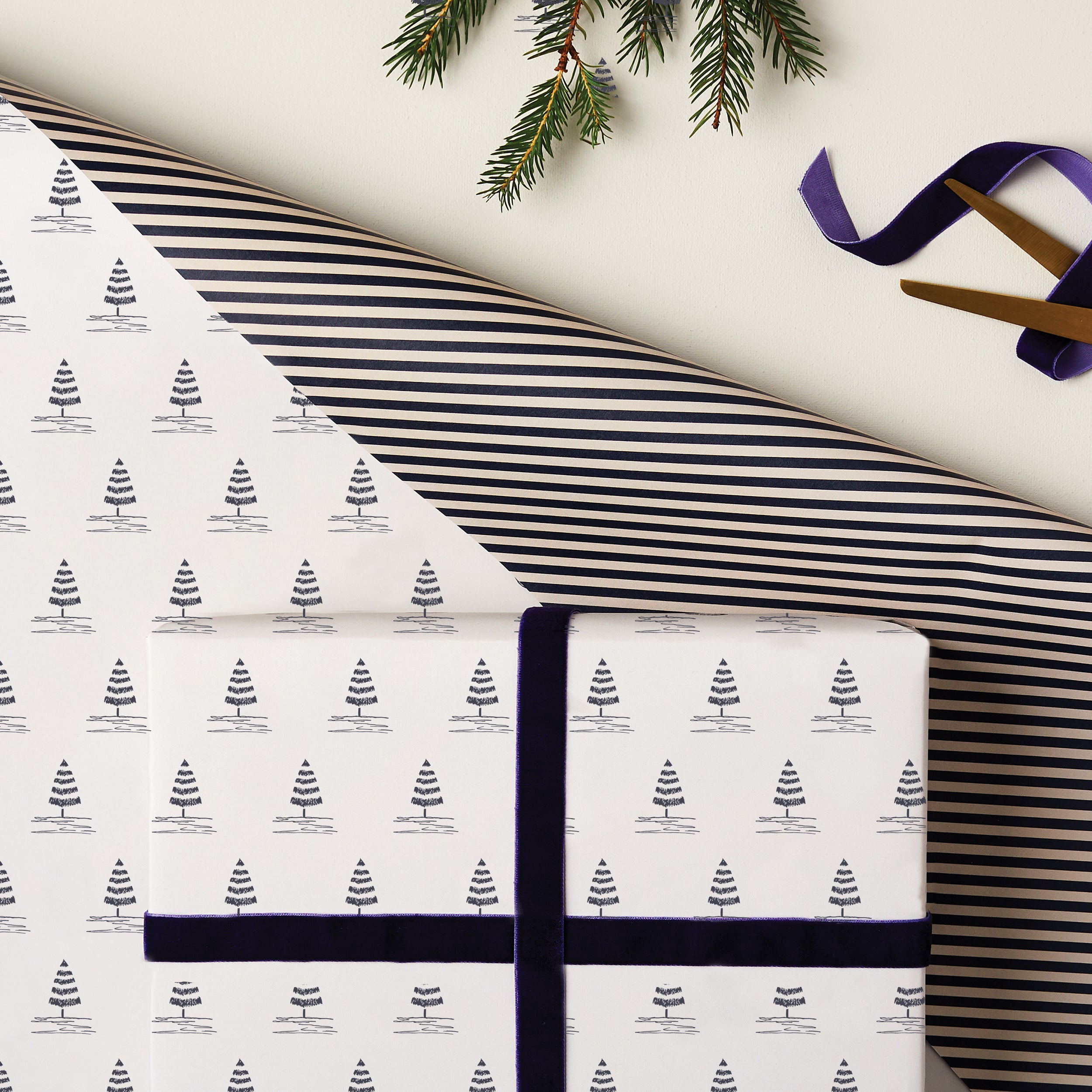 Christmas Trees and Stripes Double Sided Wrap in Blue and Cream SECONDS SALE