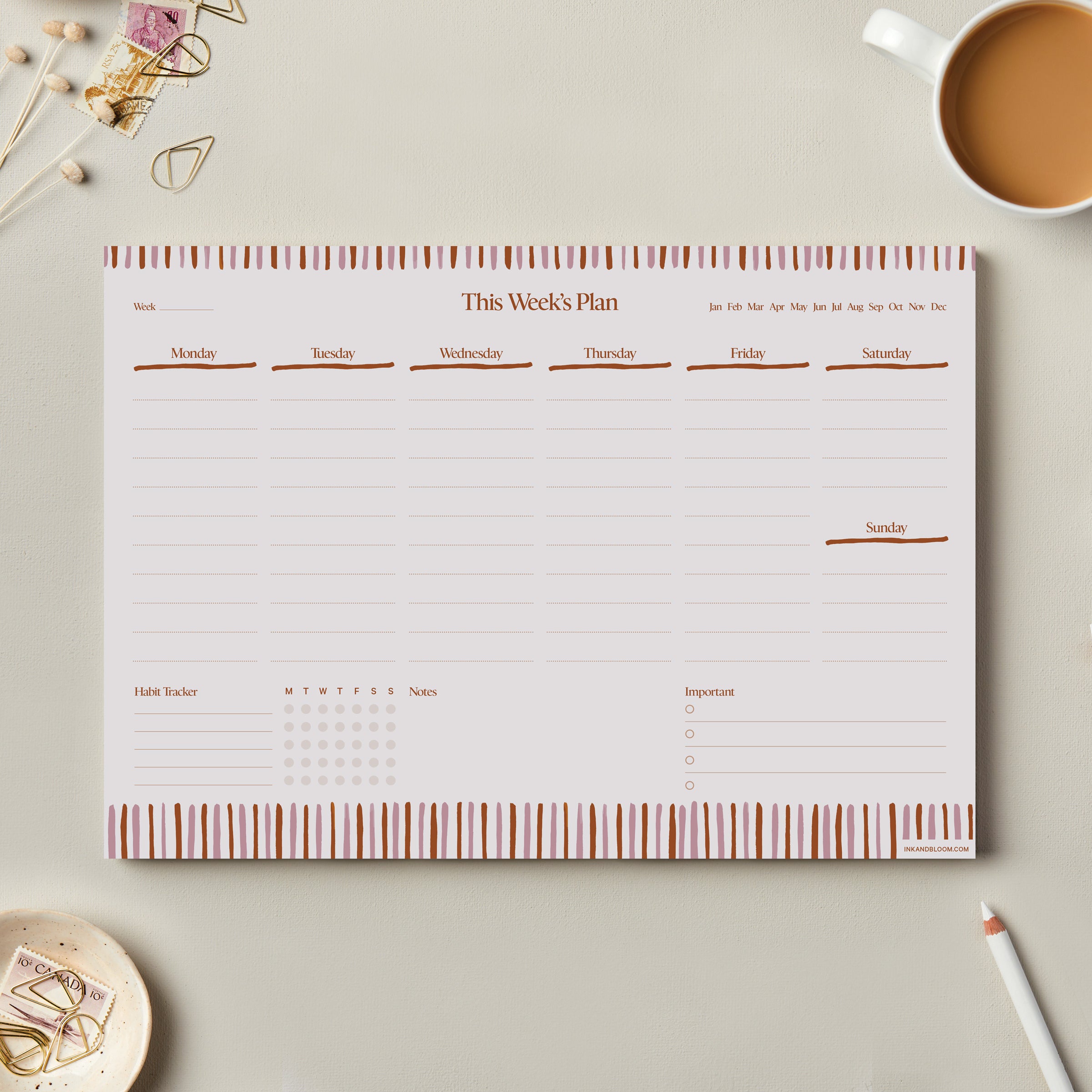 A4 Weekly Planner Desk Pad and Habit Tracker in Stripes