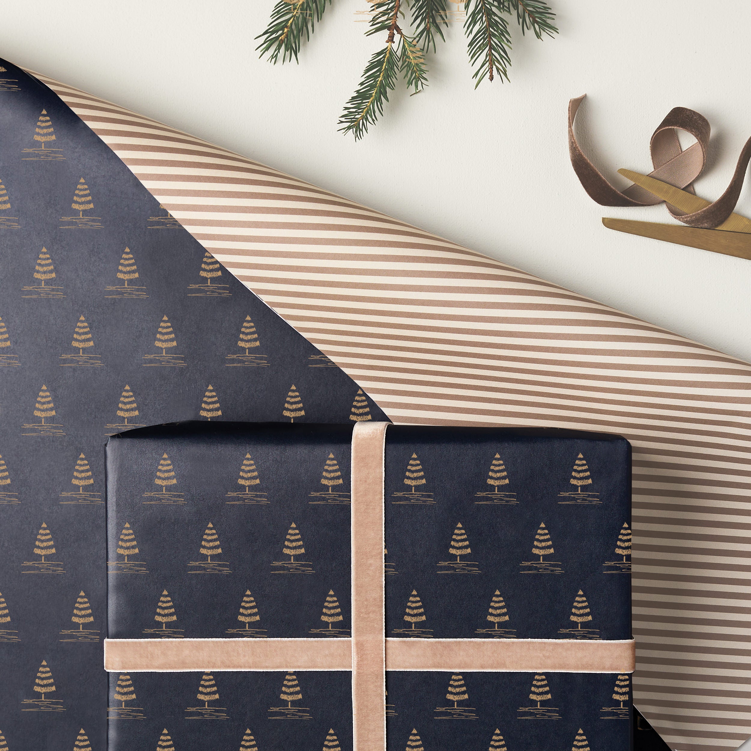 Christmas Trees and Stripes Double Sided Wrap in gold and blue SECONDS SALE